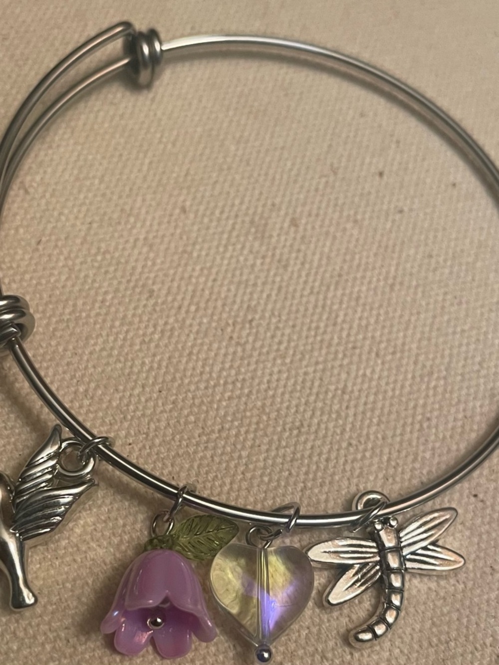 Silver-Tone Dragonfly & Purple Flower Charm with an Iridescent Heart Bracelet